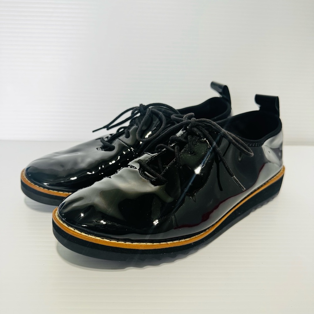 Eileen Fisher Eddie Black Patent Leather Modern Platform Oxfords Size 7 - Picture 3 of 14